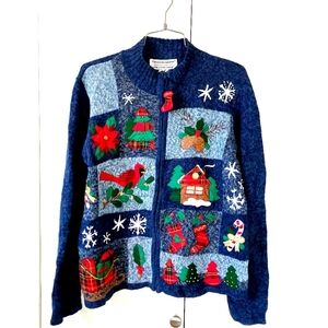 Christmas Cardinal Blue Patchwork Zip Cardigan sz Small Tiara "Ugly Sweater"‎